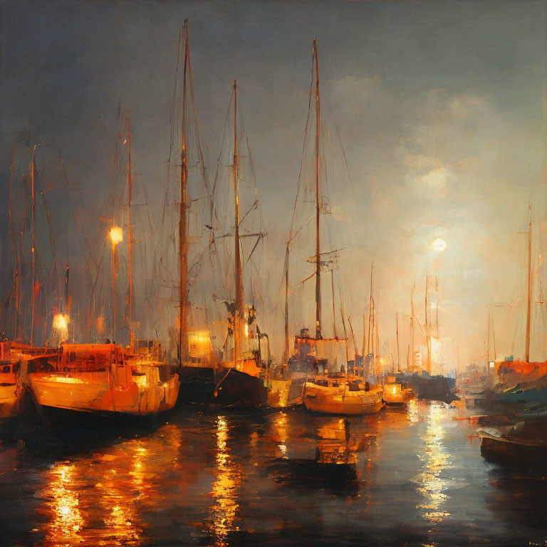 Serene harbor oil painting at dusk with sailboats and warm light reflections
