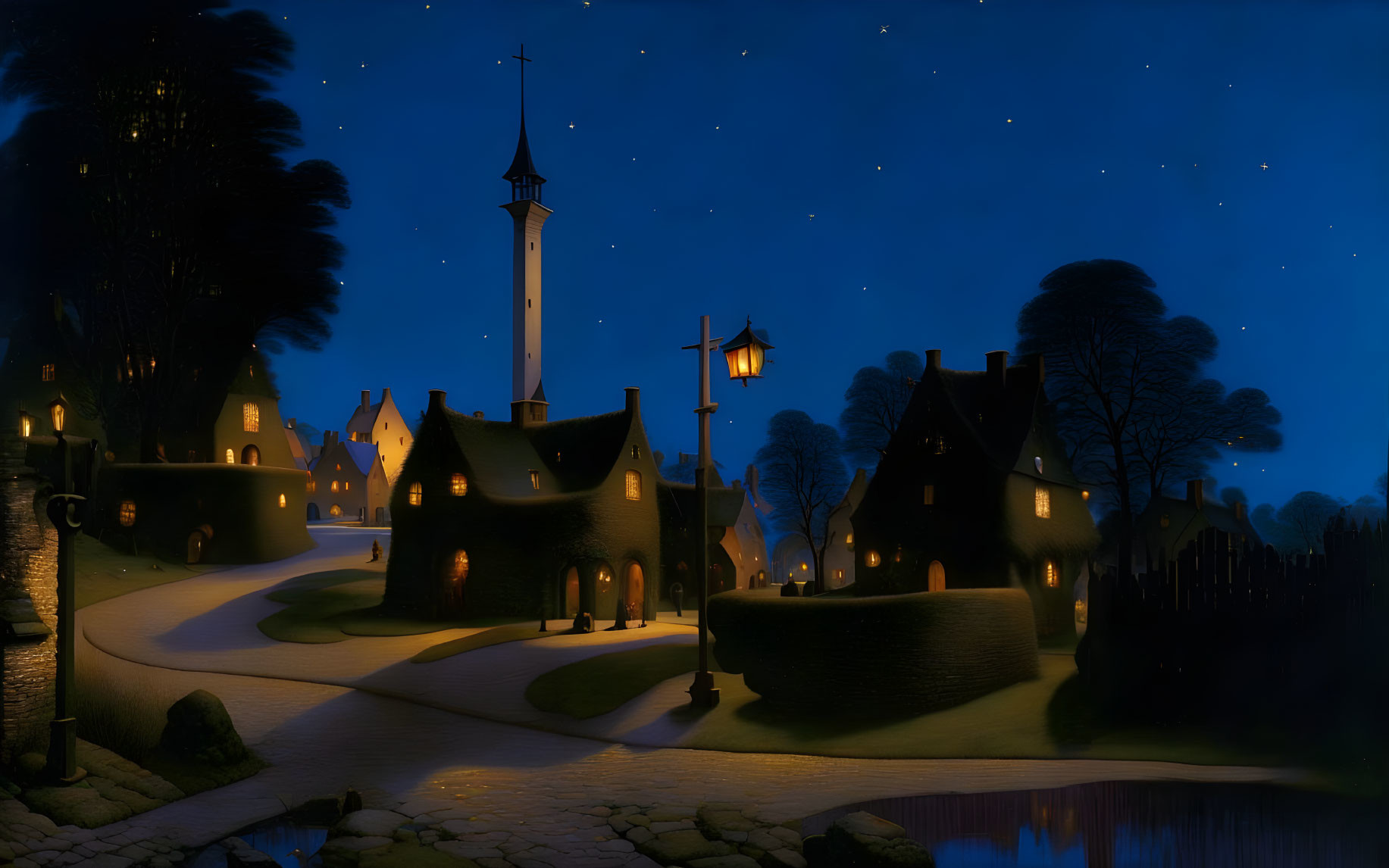 Medieval village night scene with glowing windows and starry sky