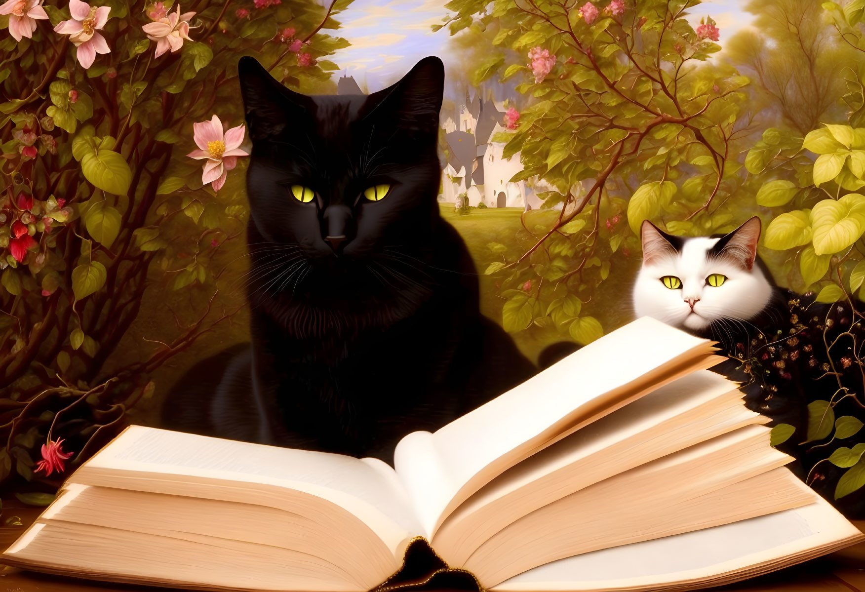Two cats with open book in garden setting, flowers & castle in background