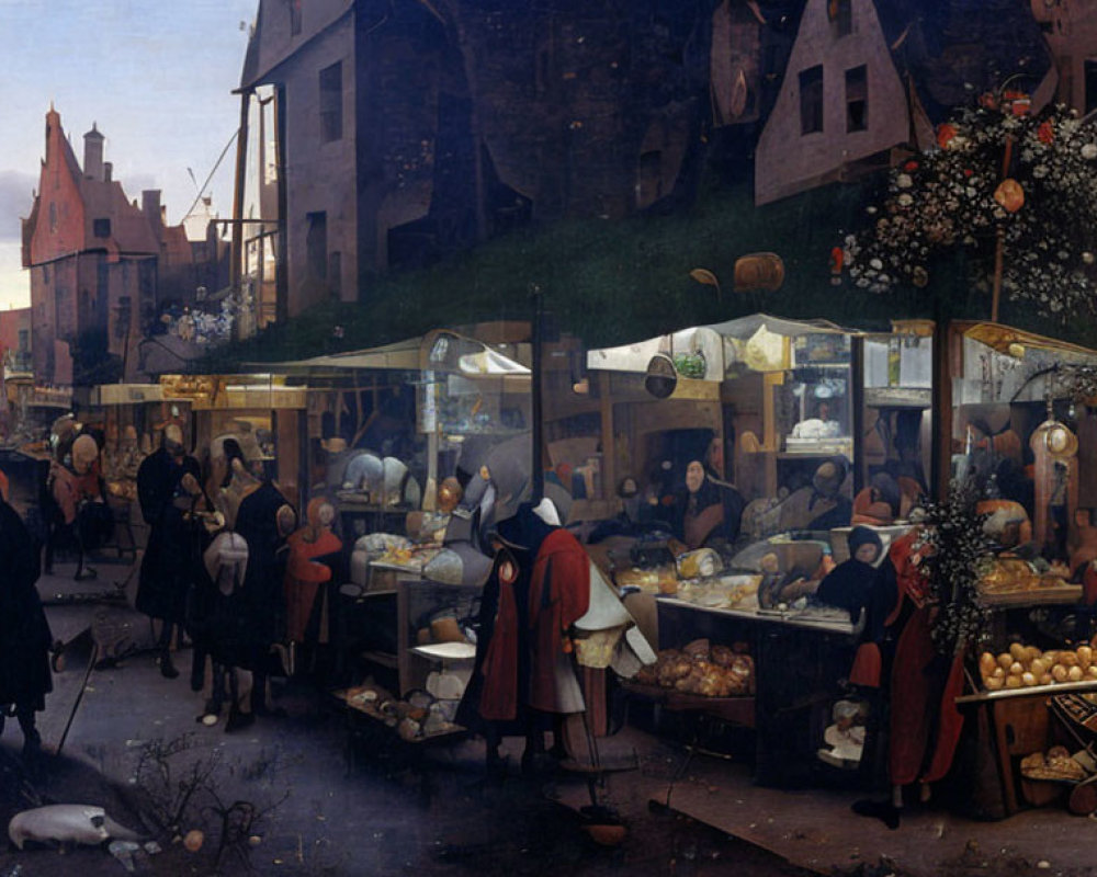 Historical marketplace scene with vendors, shoppers, and goods on display