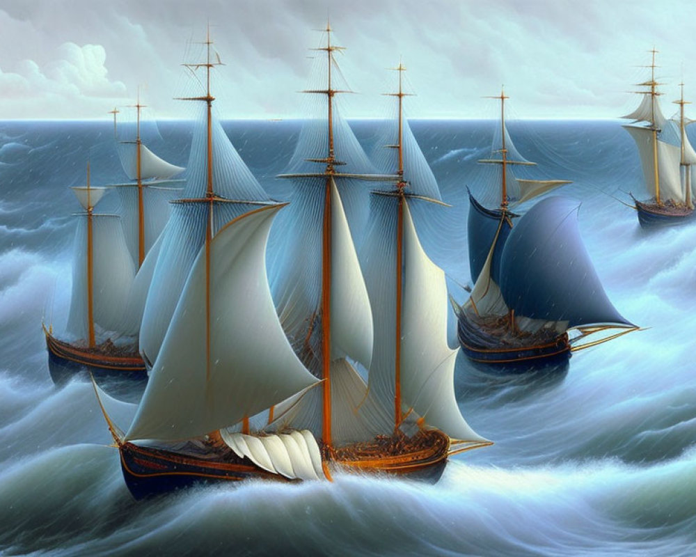 Majestic tall ships with full sails navigating tumultuous ocean waves