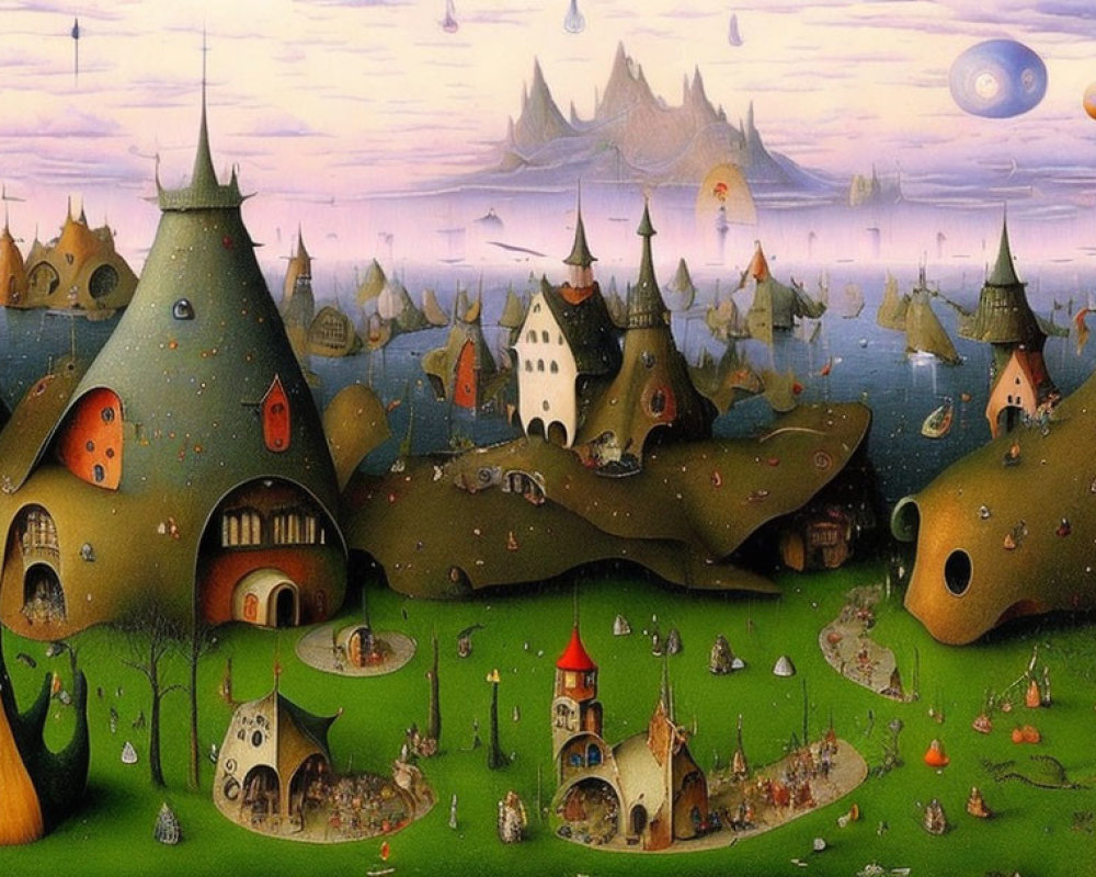 Whimsical onion-shaped houses in fantastical landscape