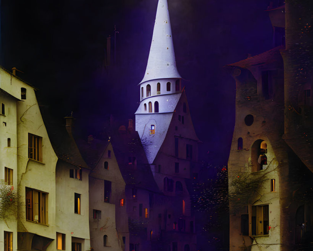 Medieval Village Night Scene with Illuminated Buildings & Church Spire