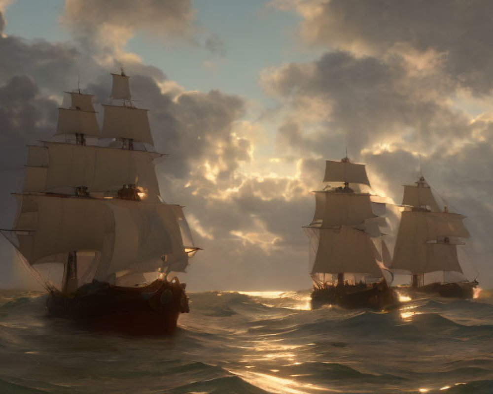 Sailing tall ships under golden sunset on rolling seas