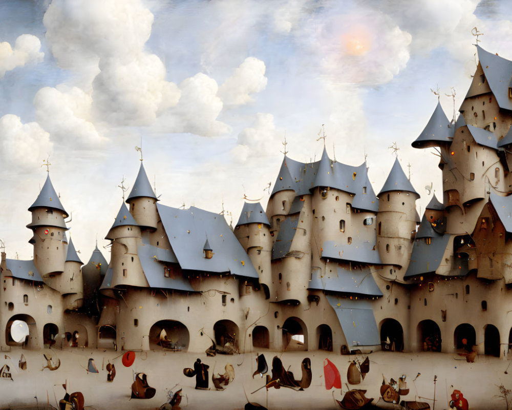 Whimsical castle painting with spires, figures, and red kite