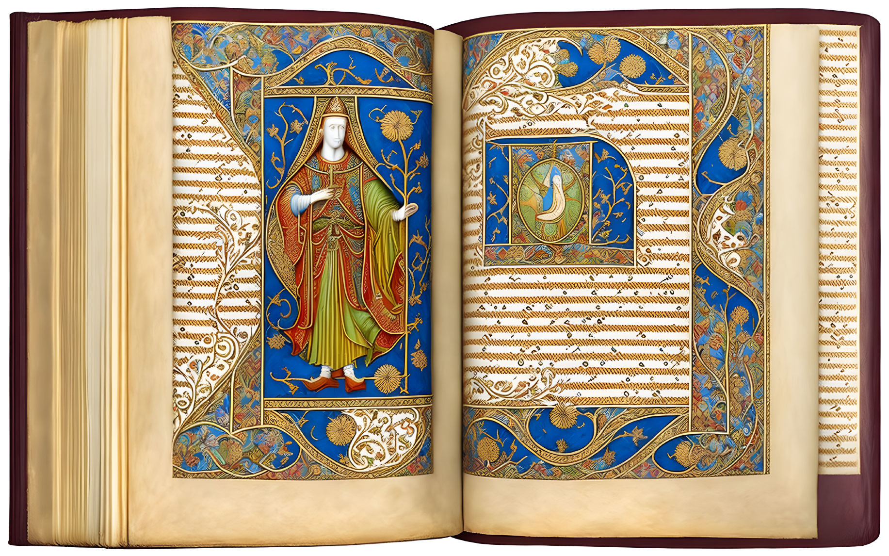 Detailed Illuminated Manuscript Featuring Religious Figure in Ornate Robes