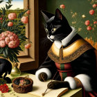 Detailed Anthropomorphic Cat in Renaissance Attire Writing with Quill