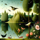 Mirrored lake surreal landscape with flying fish, bats, birds, trees, flowers