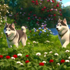 Three Siberian Huskies in Vibrant Landscape with Flowers and Lake
