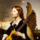 Angelic figure with wings holding guitar in elegant attire among floral backdrop