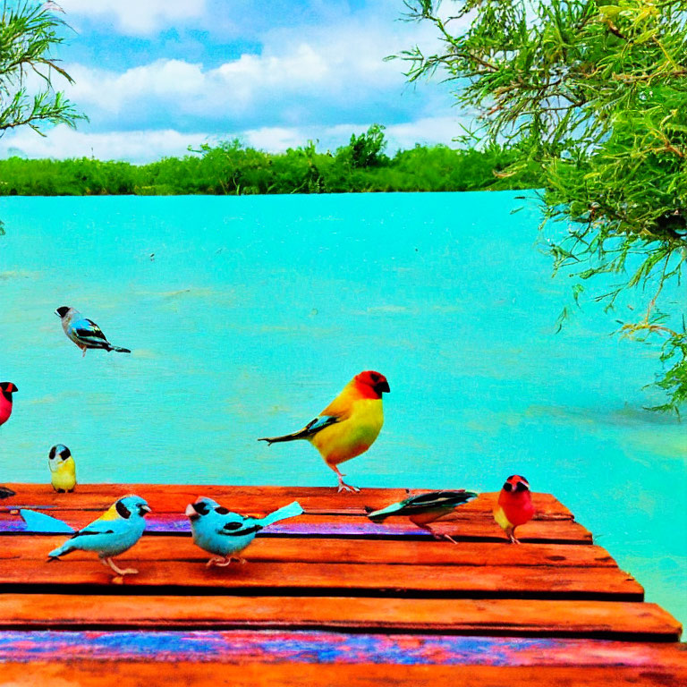 Vibrant colorful birds on wooden dock with blue sky and greenery