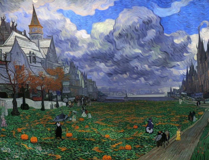 Stylized painting of individuals in a pumpkin patch with traditional architecture under a Van Gogh-inspired sky
