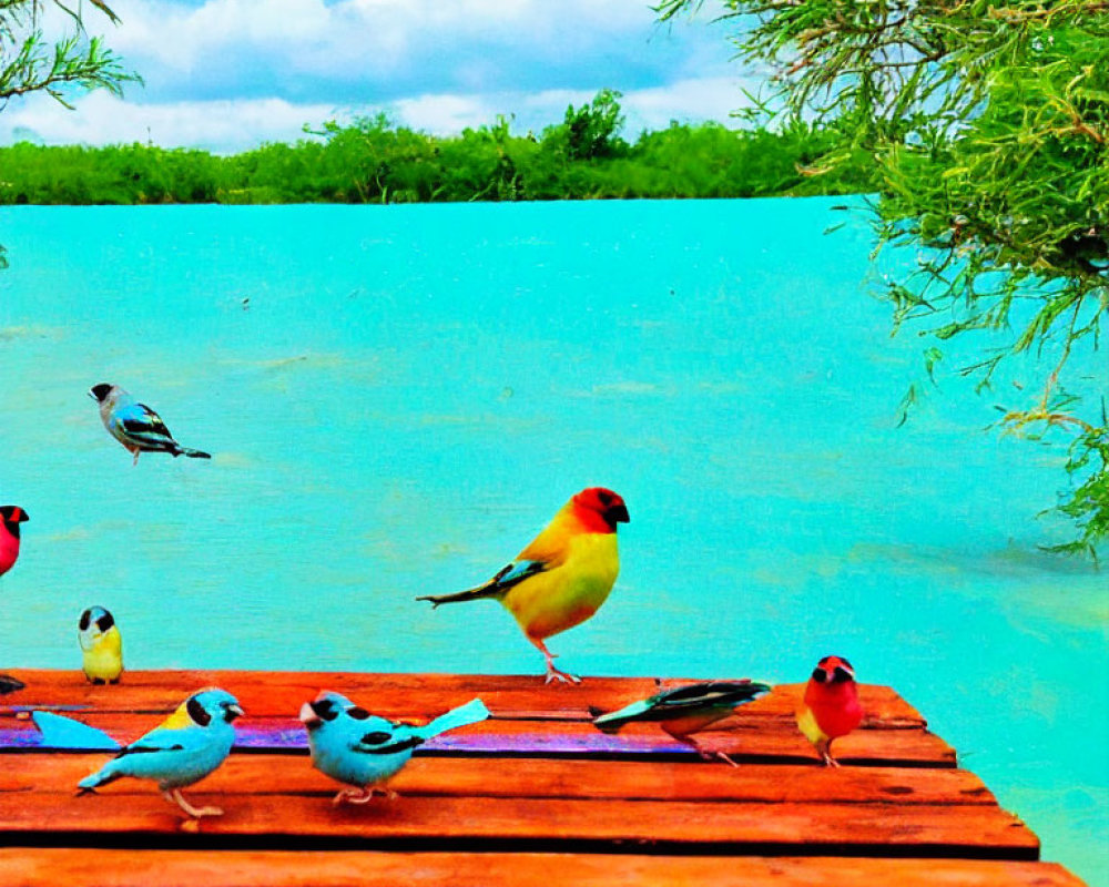 Vibrant colorful birds on wooden dock with blue sky and greenery