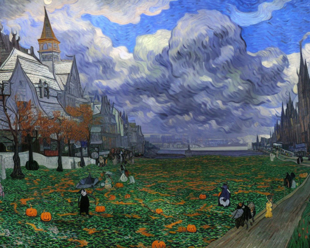 Stylized painting of individuals in a pumpkin patch with traditional architecture under a Van Gogh-inspired sky
