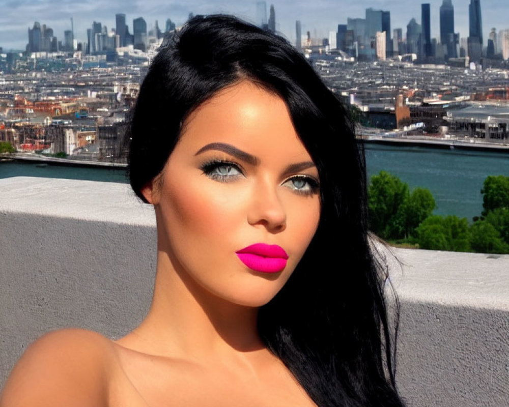 Woman with bold makeup and black hair against city skyline on clear day
