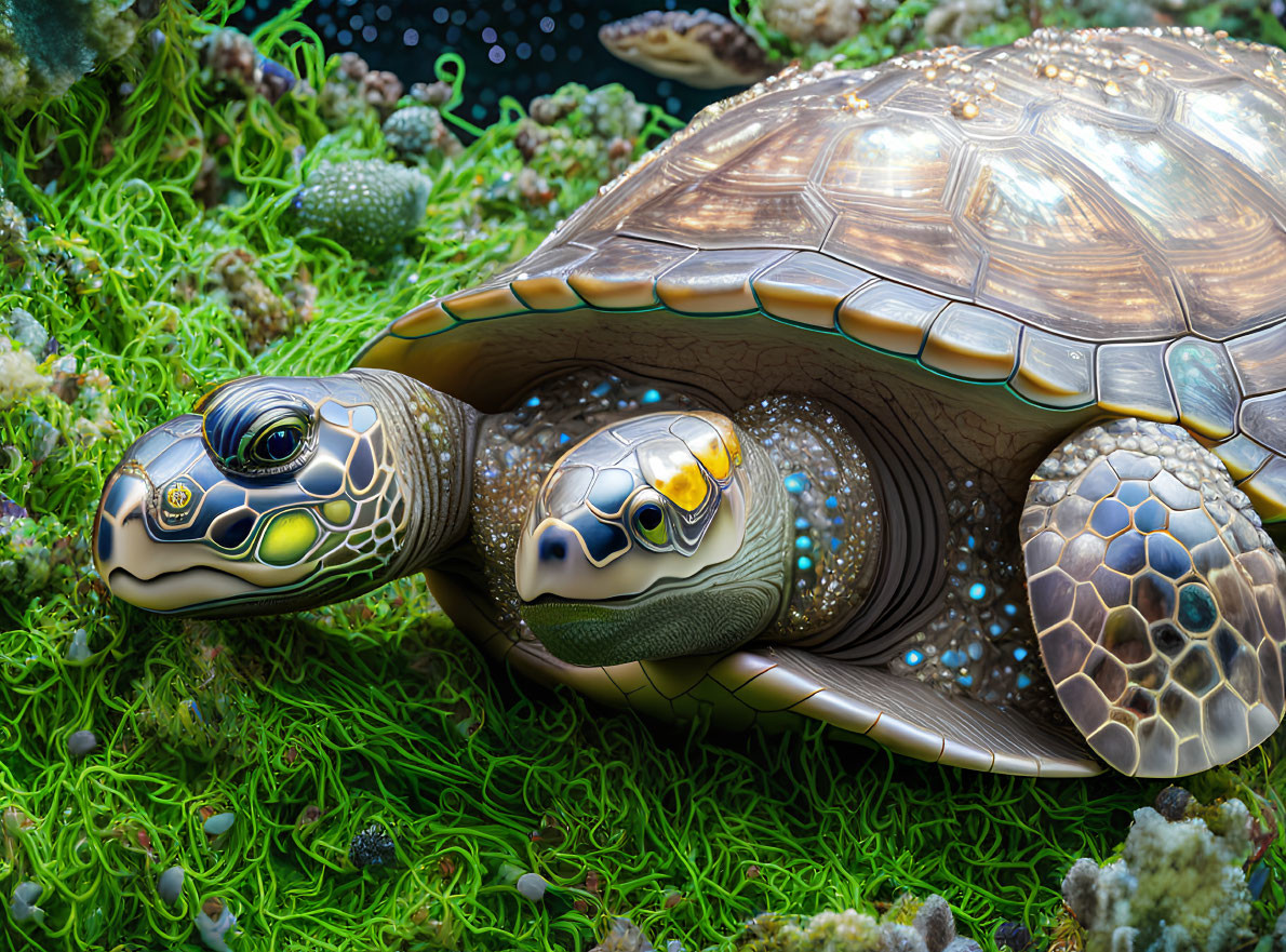 Detailed mechanical turtle with intricate patterns on vibrant green algae