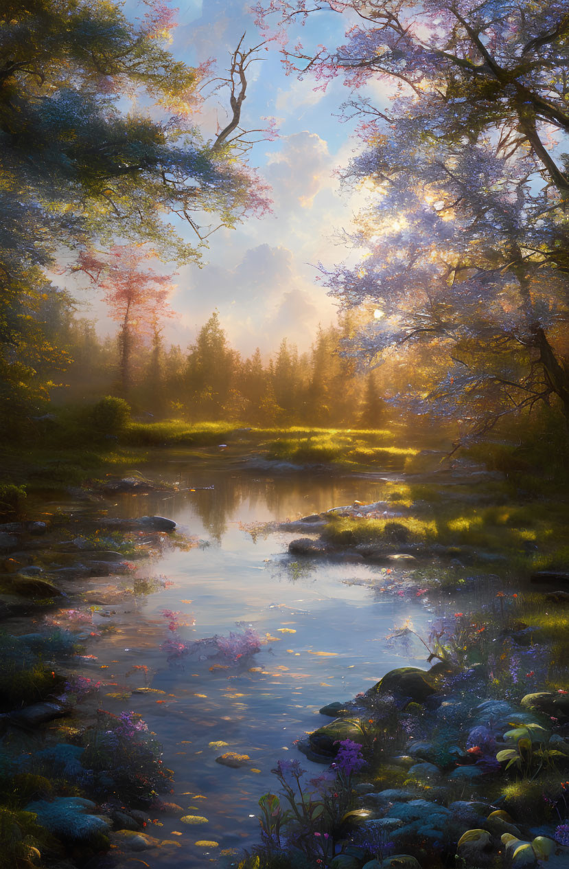 Tranquil forest scene with sunlight, stream, flowers, and pink blossoms
