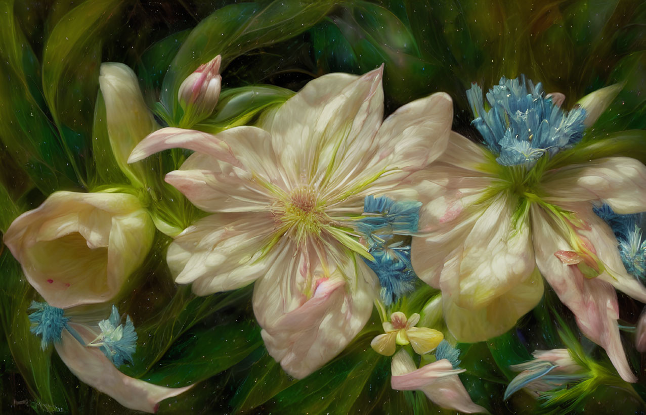 Cream and Pink Blooms with Blue Flowers in Ethereal Painting