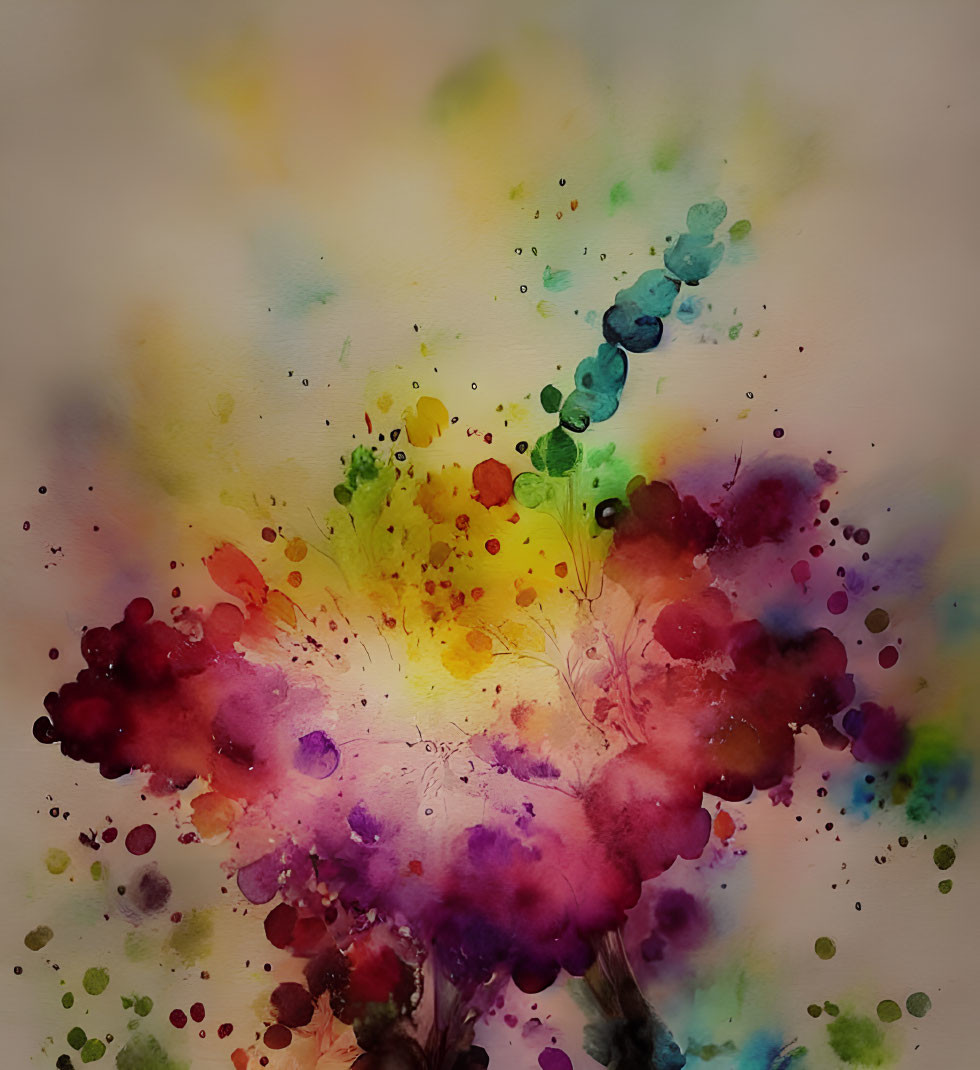 Colorful Watercolor Painting of Vibrant Red, Yellow, Purple, and Blue Splashes on Light