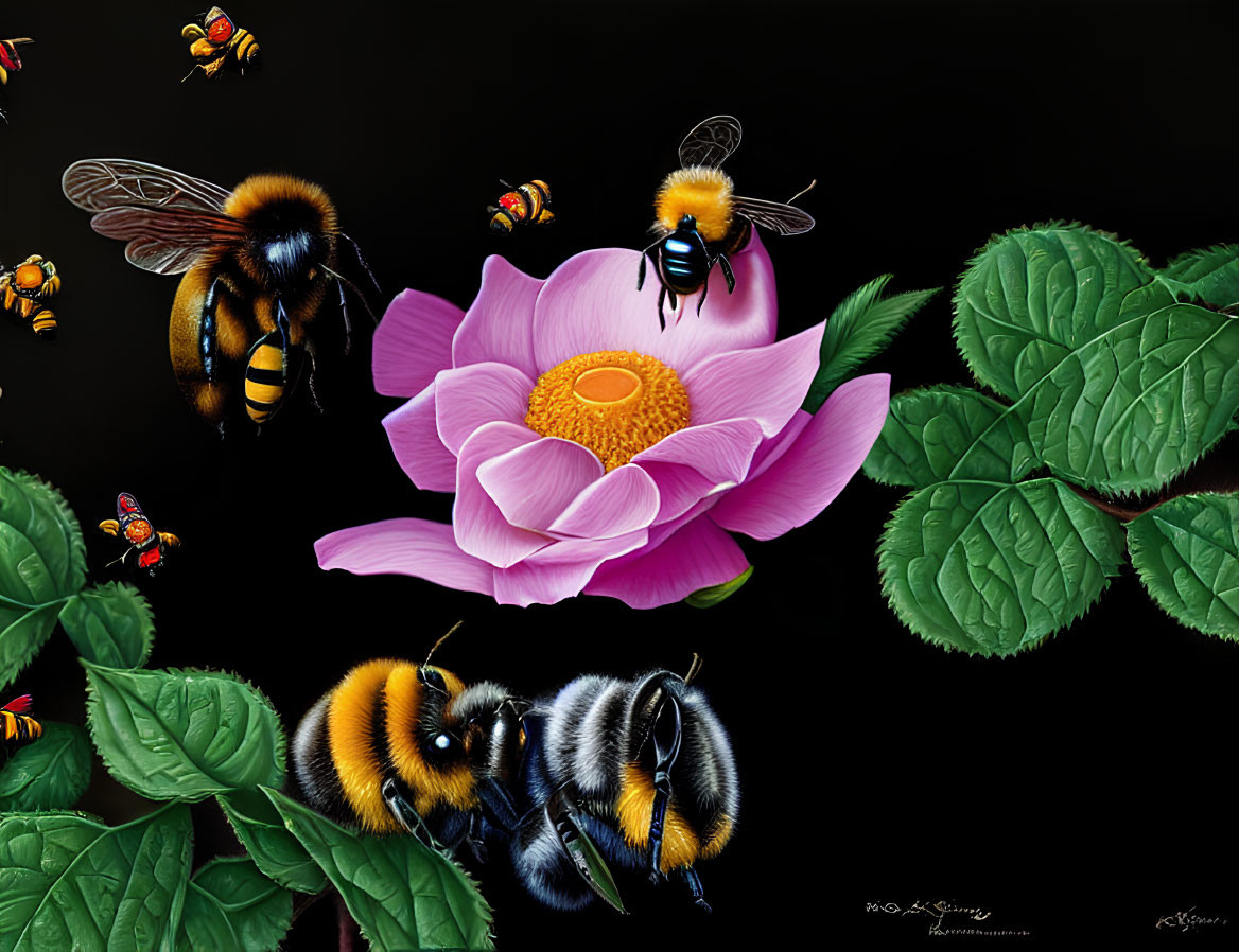 Detailed Illustration: Pink Flower, Bumblebees, Green Leaves