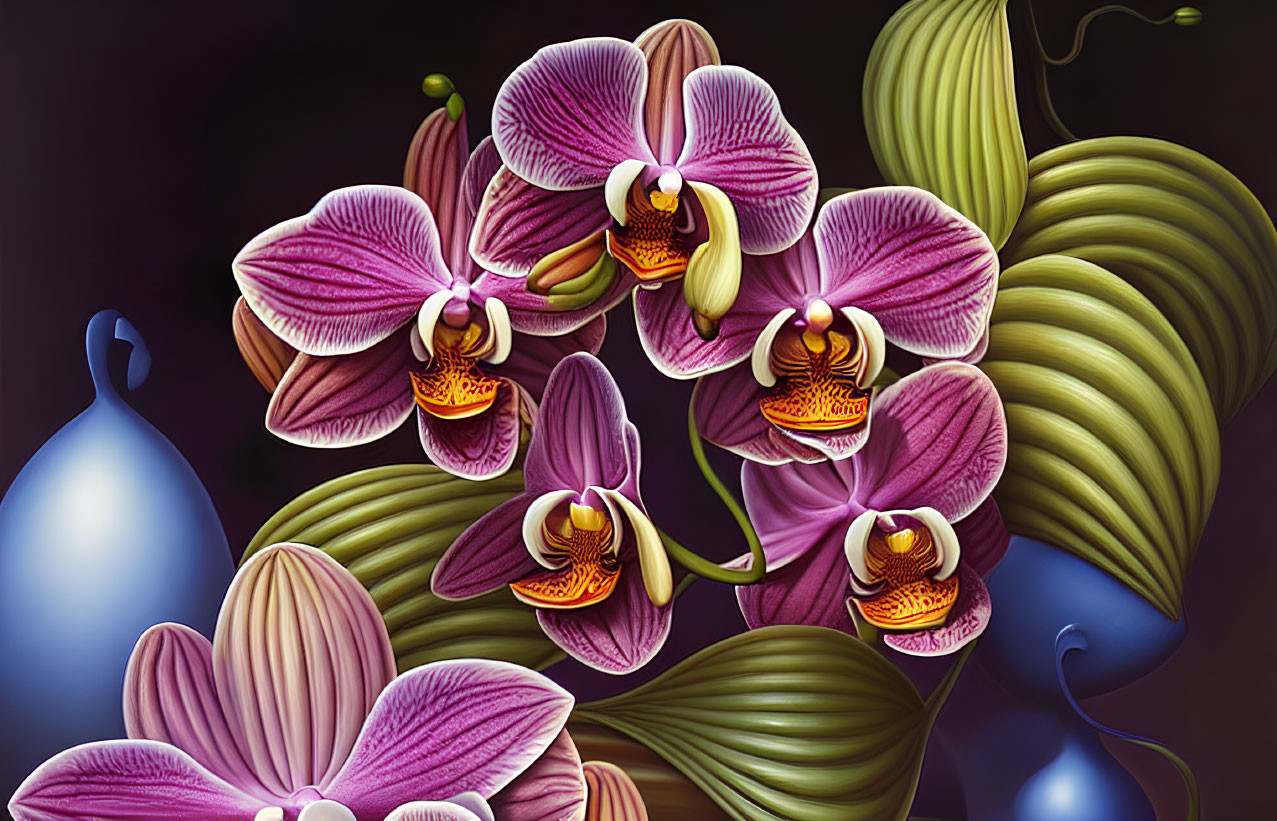 Detailed Purple and White Orchids Digital Artwork with Dark Background