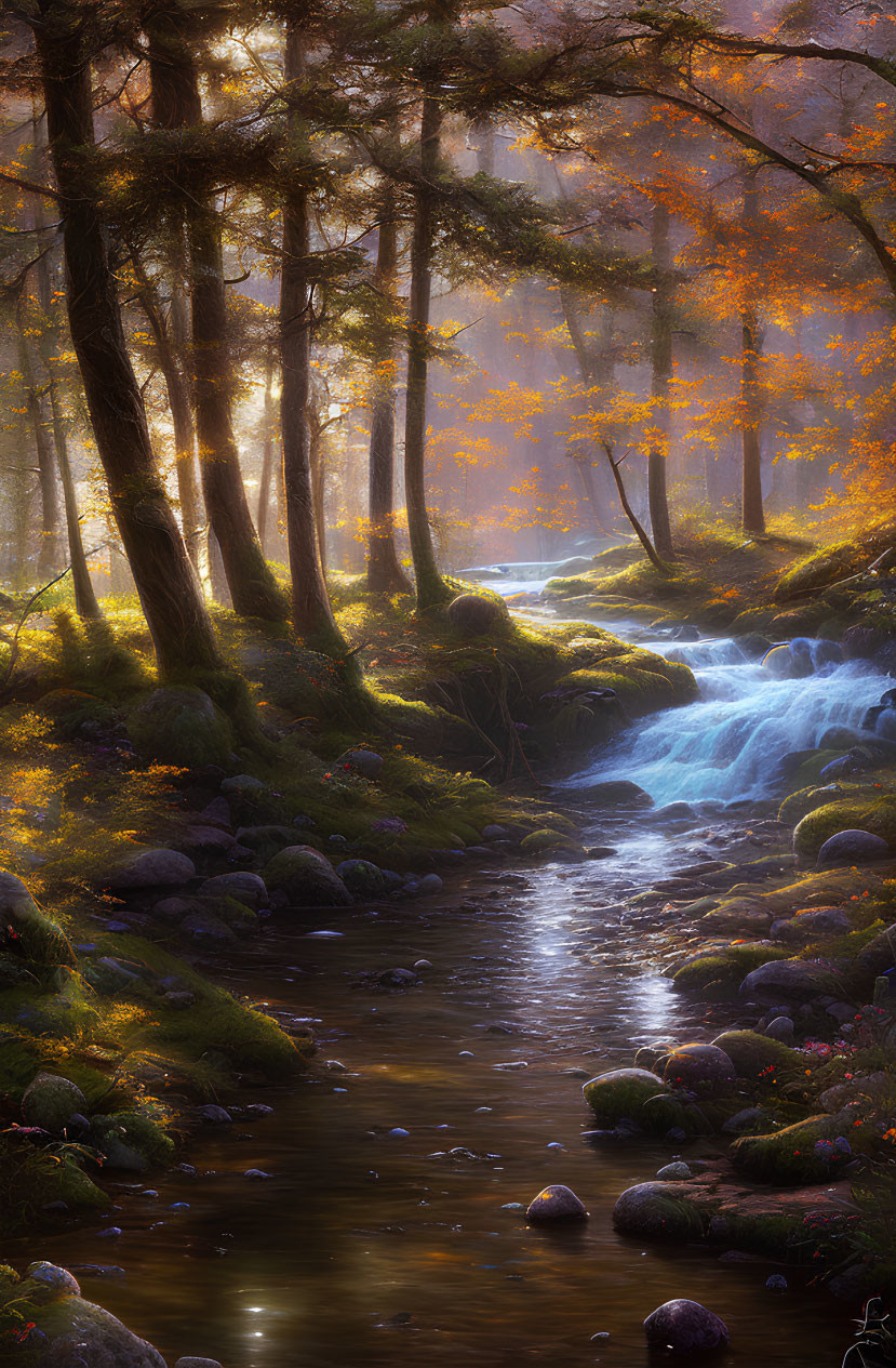 Autumn forest scene with colorful leaves and flowing stream