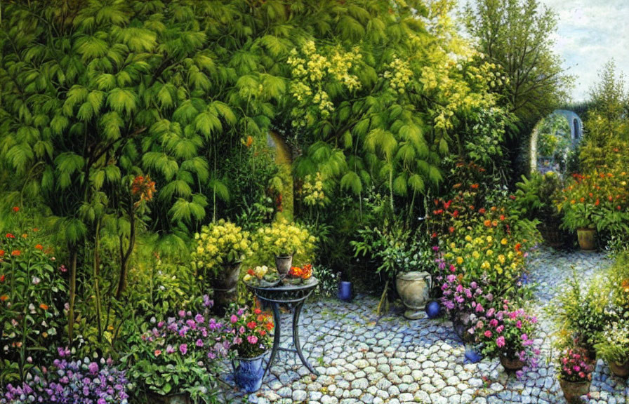 Colorful Flower Garden with Cobblestone Path and Metal Table