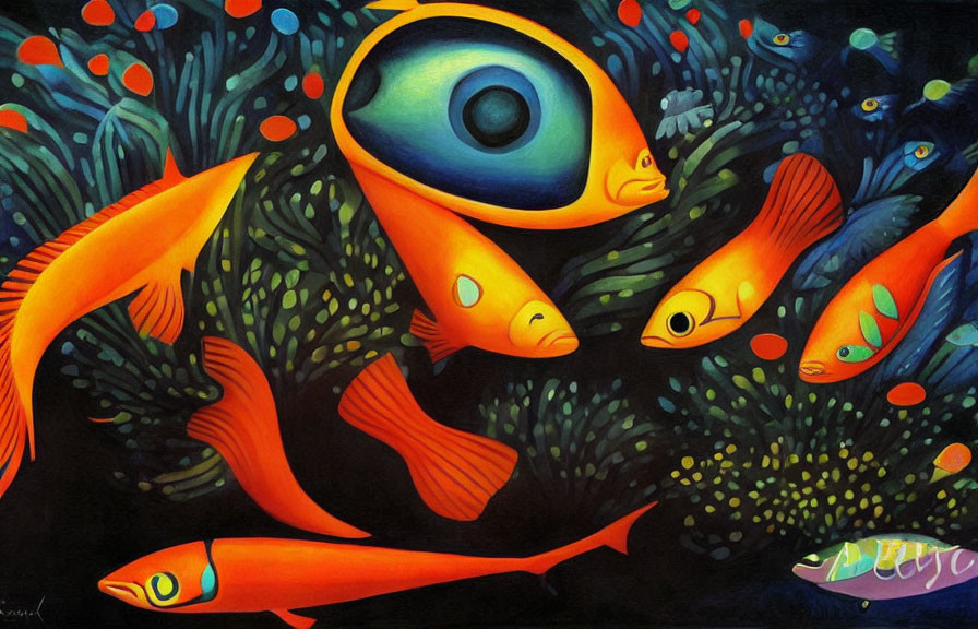 Colorful painting of orange fish with large eye in dark underwater scene