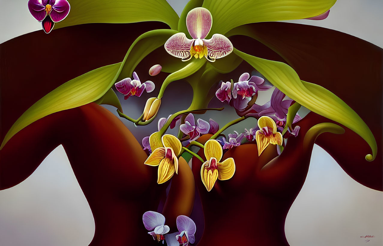 Colorful Orchids Digital Painting on Gradient Background