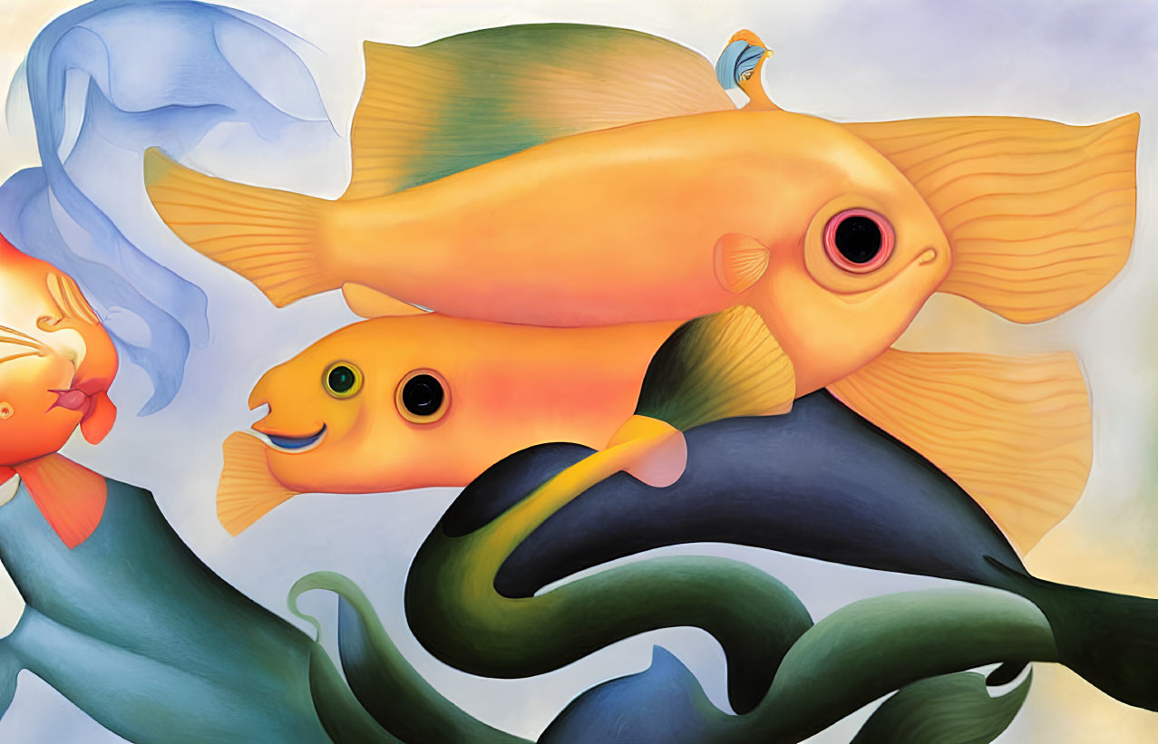 Colorful Goldfish with Humanlike Faces Among Aquatic Plants in Whimsical Illustration
