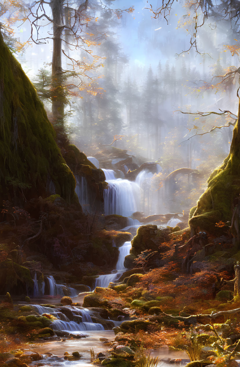 Enchanted forest scene with waterfall and autumn foliage