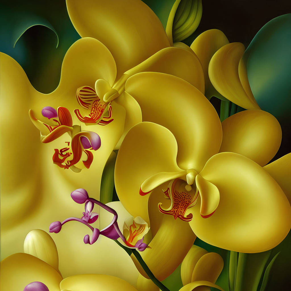 Bright yellow orchids with red accents on dark background and soft lighting.