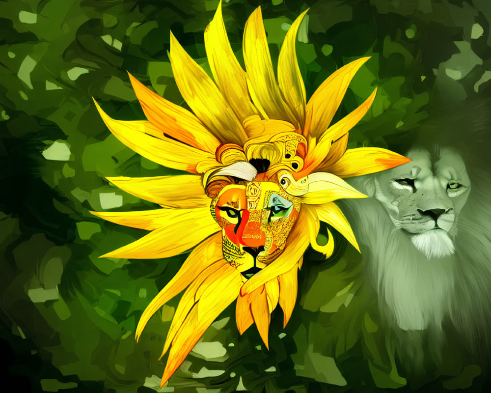 Lion's face merges with sunflower on green background