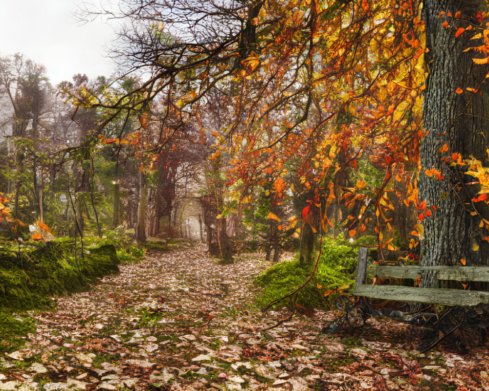 Tranquil Autumn Forest Scene with Path, Leaves, Bench, and Sunrays