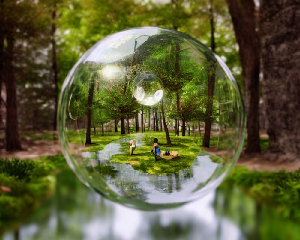 Tranquil forest setting with two people in a transparent bubble