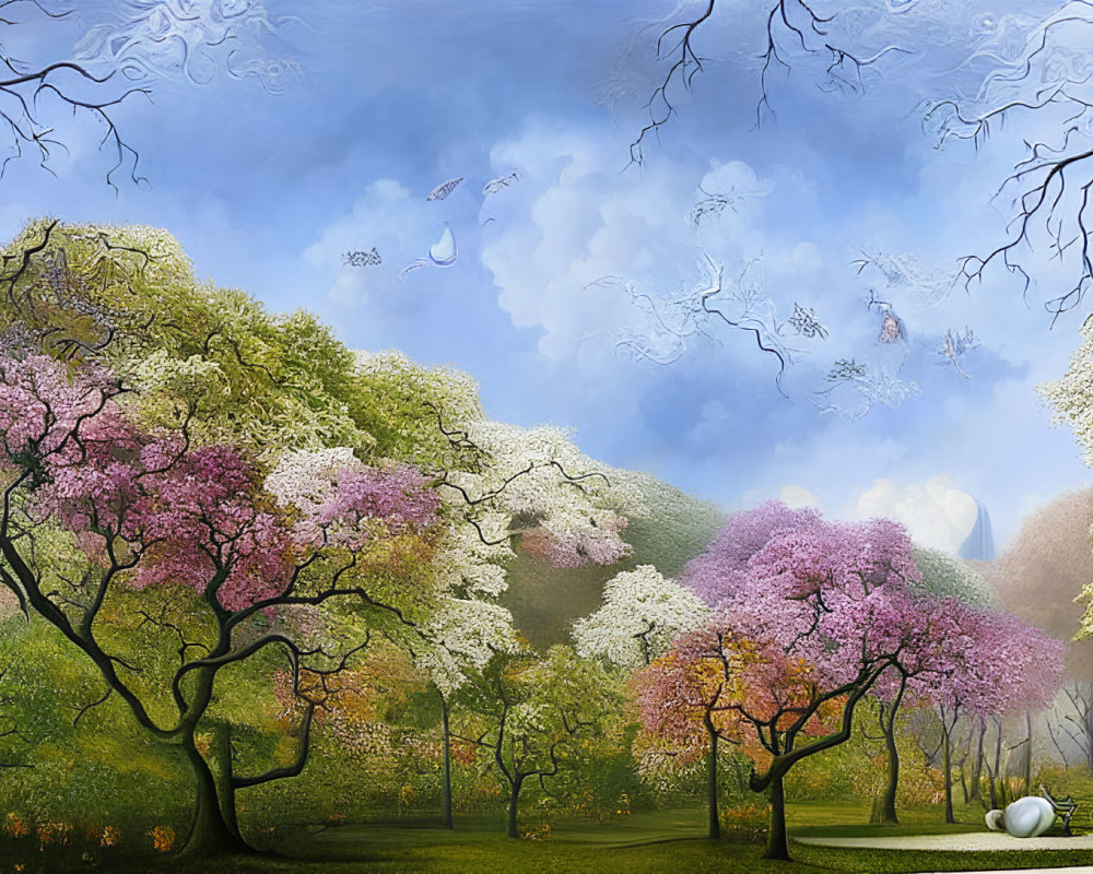 Colorful Blossoming Trees in Whimsical Landscape with Butterflies and Reflective Spheres