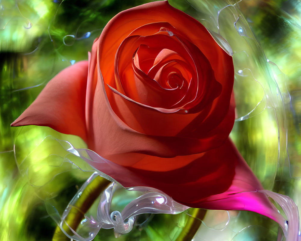 Vibrant red rose with water droplets on blurred green background