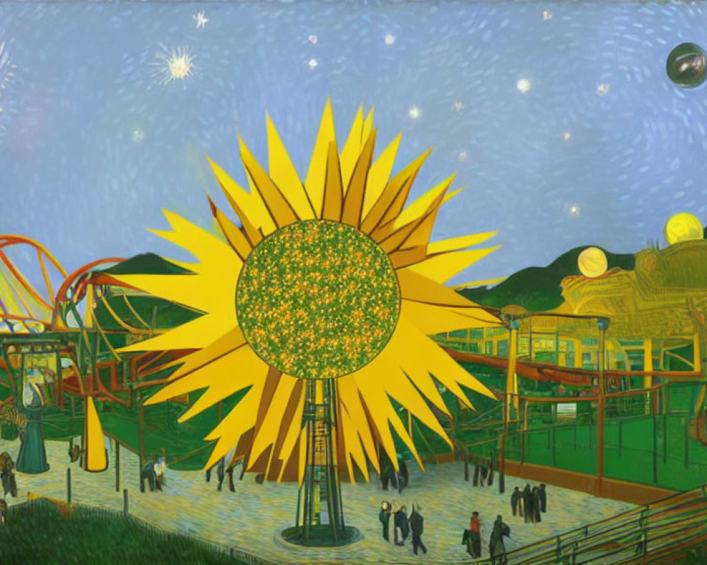 Vibrant sunflower centerpiece in imaginative landscape with roller coasters, mountains, and people under celestial