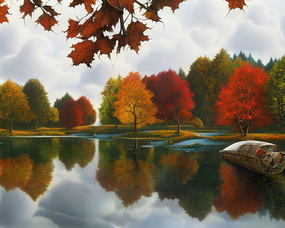 Tranquil autumn lake scene with vibrant fall foliage and old rowboat