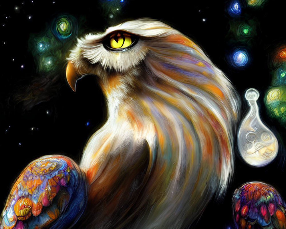 Vibrant feathered owl perched in cosmic space