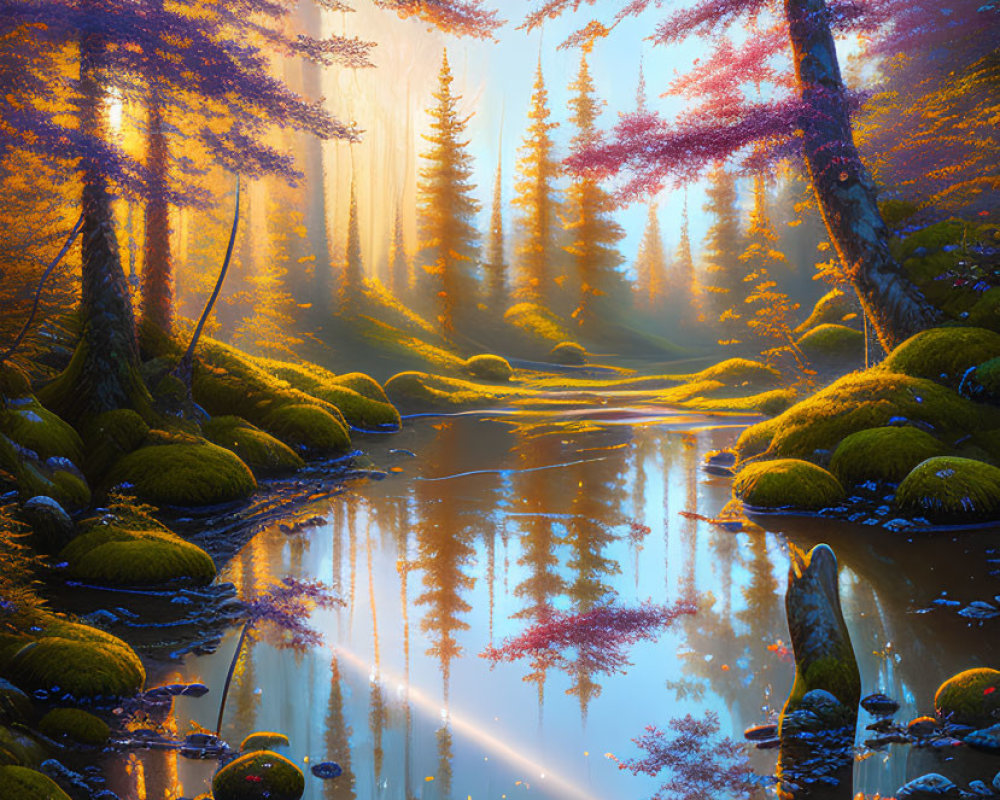 Serene forest scene with sunlight, mist, pond, moss-covered rocks, and colorful trees.