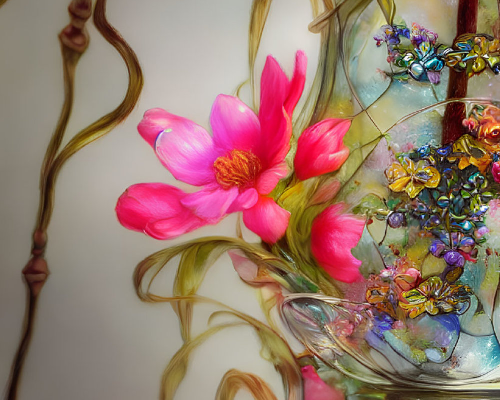 Pink Flower in Ornate Glass Vase with Swirling Stems