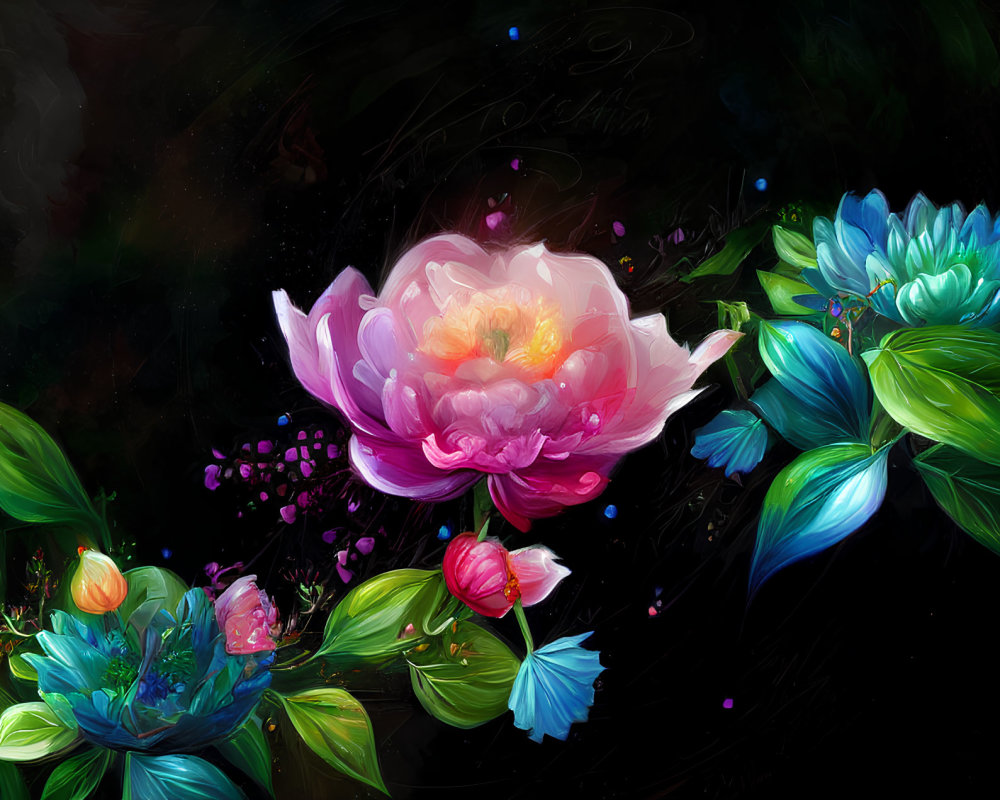 Colorful digital artwork featuring pink and white lotus blossom on dark background