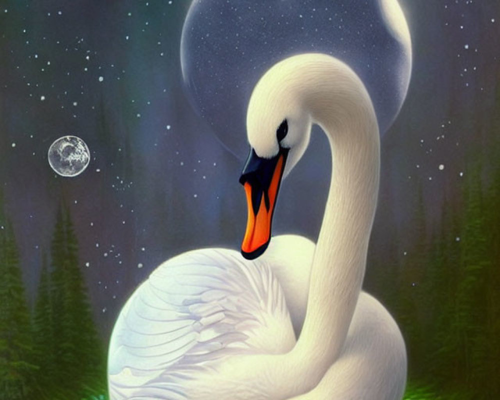 Graceful Swan in Moonlit Night Sky with Stars and Forest Scenery