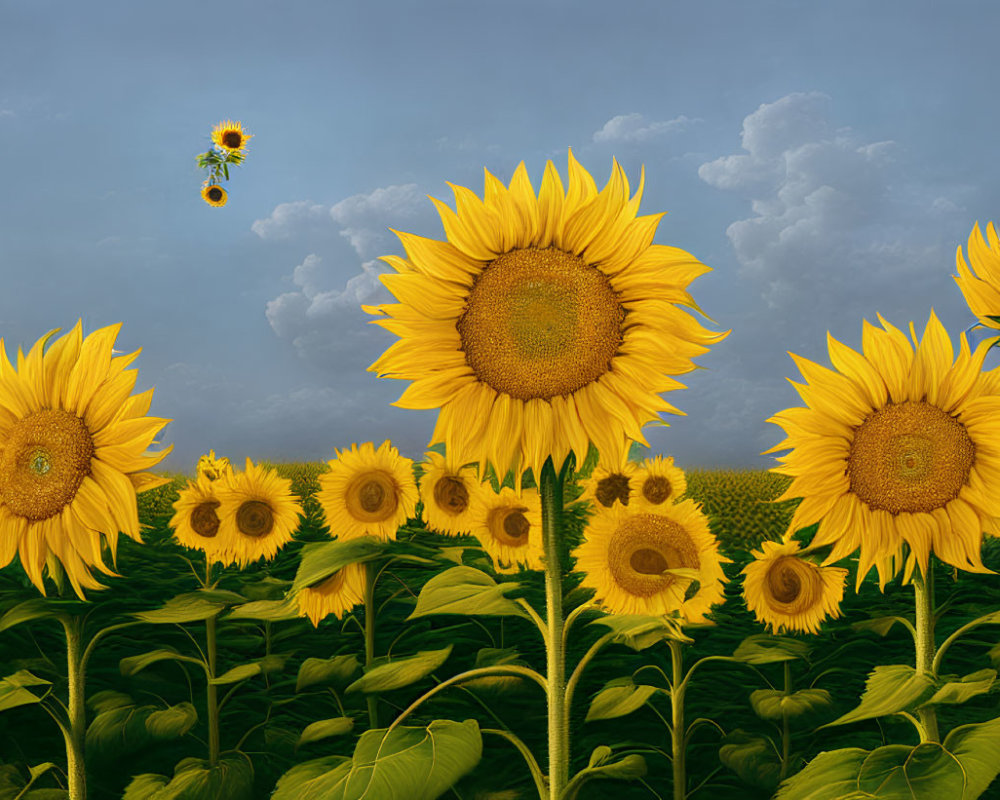 Sunflowers Field with Bee and Floating Flower under Blue Sky