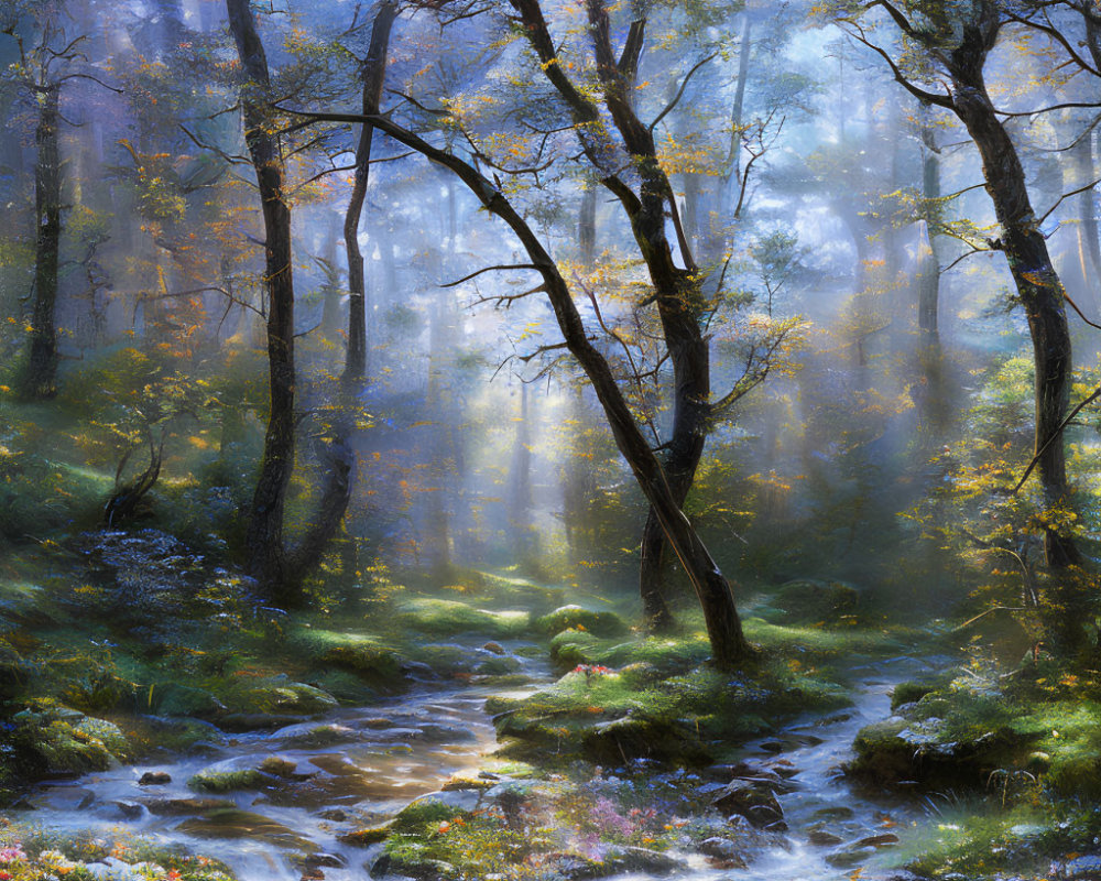 Sunlit Forest Stream with Mist and Flowers