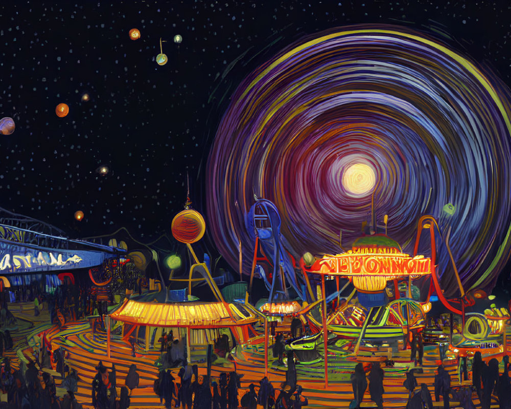 Colorful Psychedelic Amusement Park with Night Sky and Rides