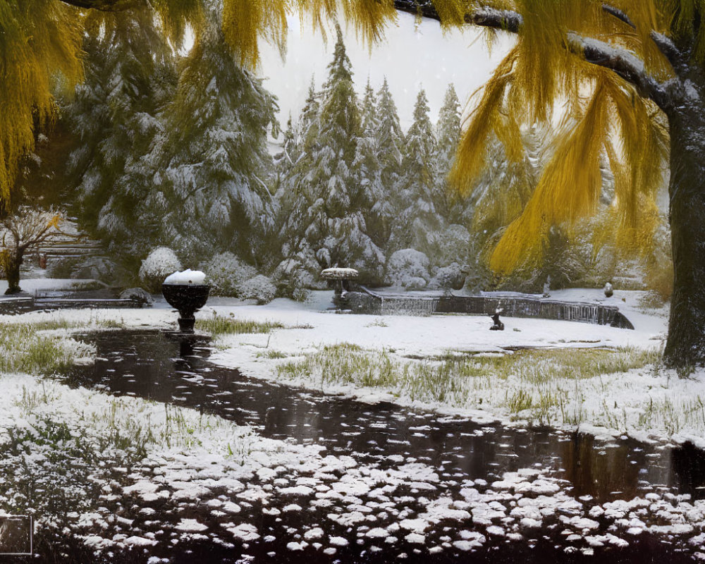 Snow-covered park with golden willow trees and pond reflection