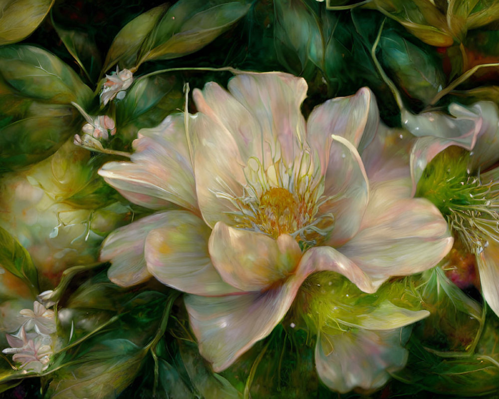 Delicate translucent pale flower surrounded by lush leaves in vibrant painting
