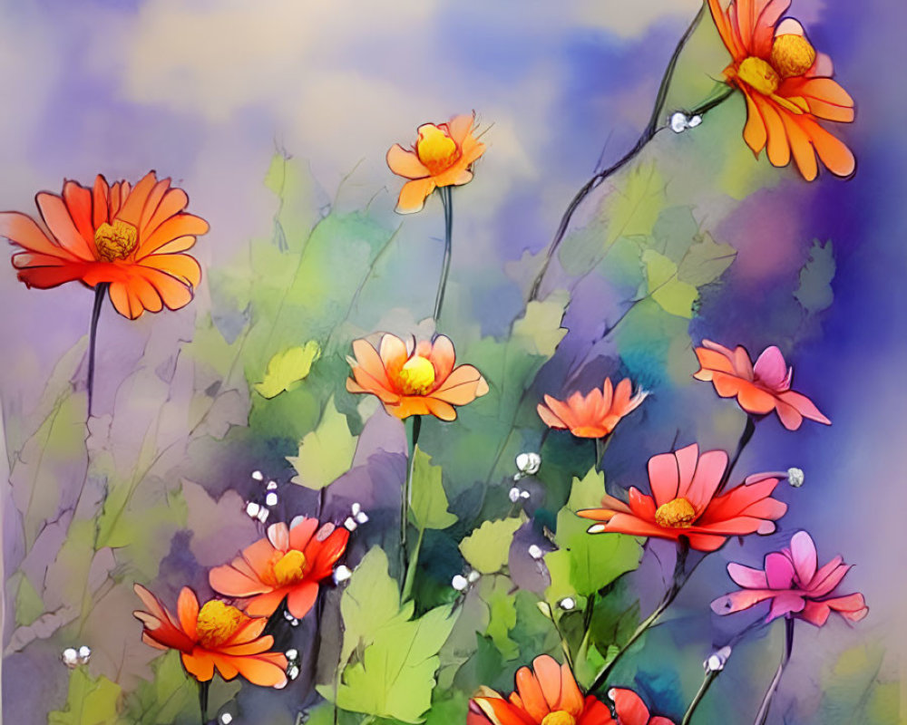 Colorful orange flowers on blue and purple backdrop